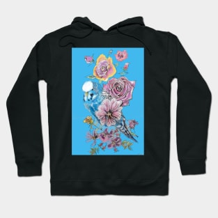 Blue Budgie and Rose Watercolor Painting on Blue Hoodie